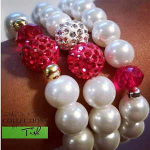 Glass Pearl Bracelet: Red & White Glitter