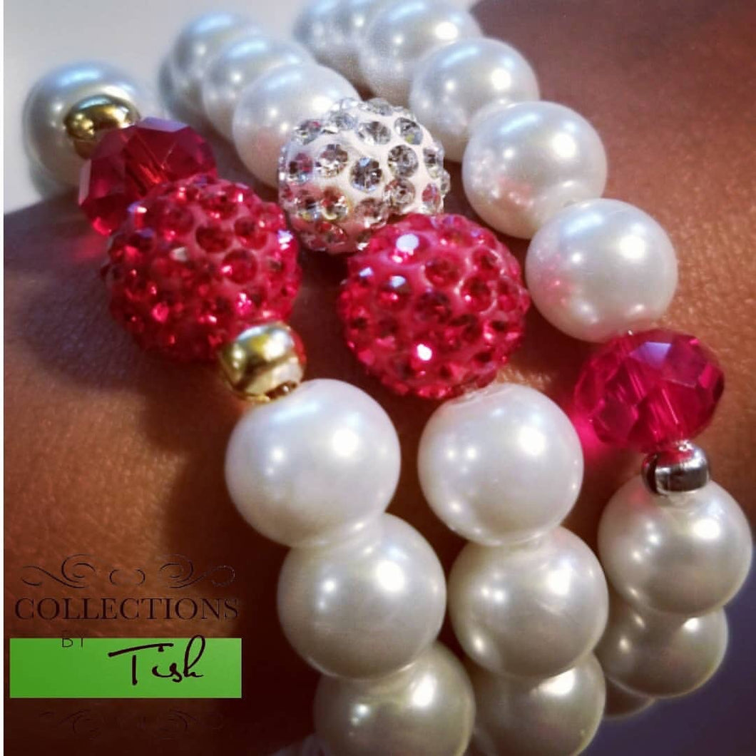 Glass Pearl Bracelet: Red & White Glitter